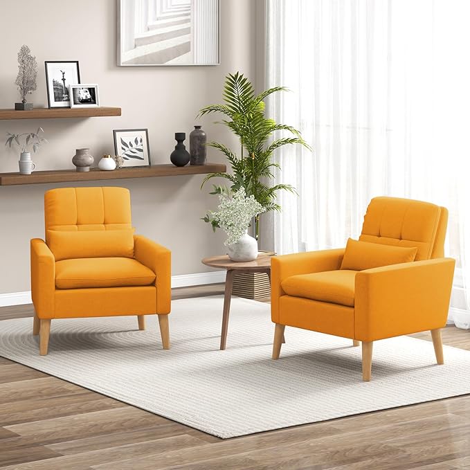 Giantex Modern Accent Chair Mid-Century Linen Fabric Armchair w/Lumbar Pillow Back &amp Seat Cushion Comfy Single Sofa Chair with Rubber Wood Legs for Living Room Bedroom Reading Room Yellow