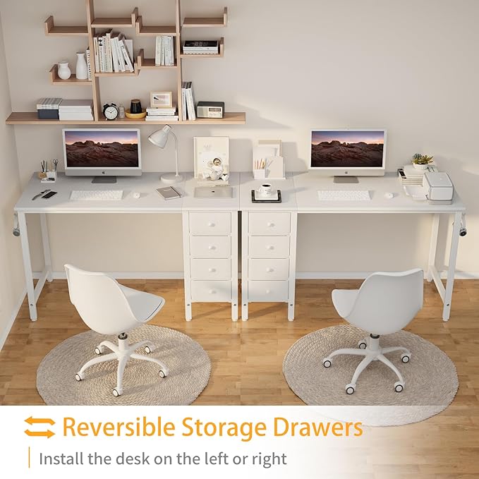 DLisiting 47 inch Desk Fabric Drawers - White Office Vanity Modern Cute PC Writing White Desk with Storage for Bedroom Home Office Computer Desks for Girls Teens Childrens