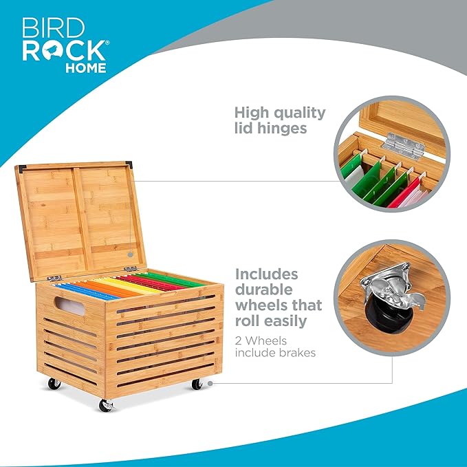 BIRDROCK HOME Rolling File Storage Organizer Box with Lid (New Version) - Bamboo Decorative Wood Hanging File Box for Letter/Legal Documents Binders Blankets - Durable Office Organizer - Natural