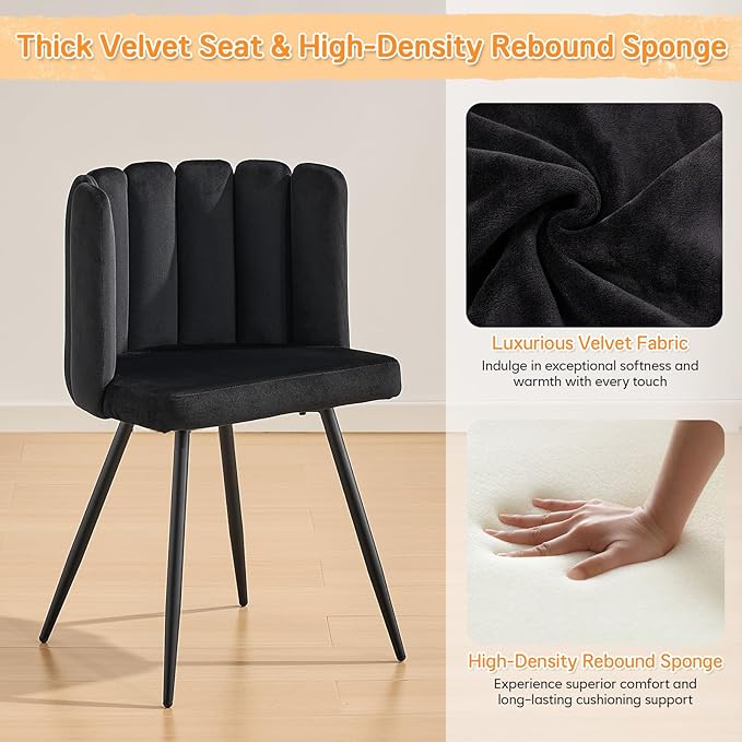 CLIPOP Living Room Barrel Accent Chair Modern Velvet Kitchen Dining Chair Vanity Chair with Metal Leg Scalloped Silhouette Cozy and Soft Padded Armless Leisure Makeup Chair for Bedroom Black