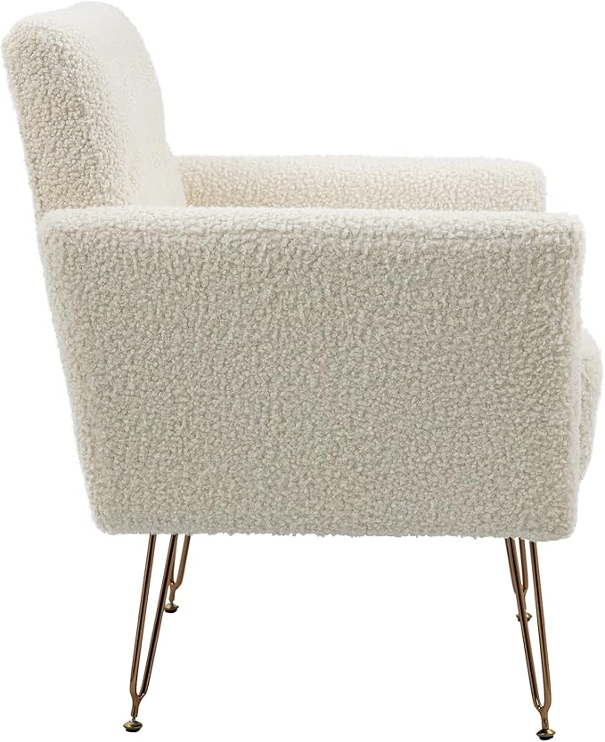 Accent Chair for Living Room Comfy Oversized Velvet Upholstered Arm Chairs Mid Century Modern Reading Single Sofa Side Chair with Tufted Back and Gold Legs for Bedroom (1 Teddy White)