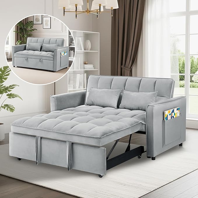 3 in 1 Convertible Sofa Bed Pull Out Couch with Adjustable Backrest Velvet Sleeper Sofa Loveseat with Pillows and Side Pockets for Living Room Bedroom Apartment Light Grey