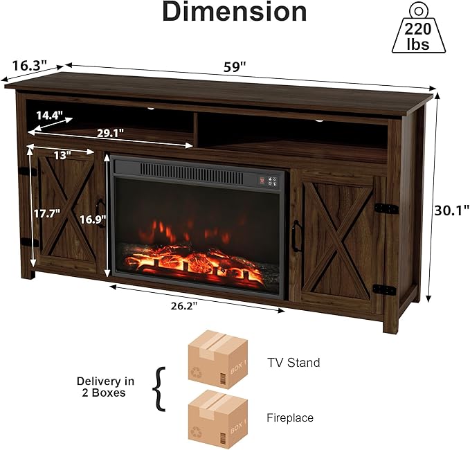 Furmax Farmhouse Fireplace TV Stand for TVs Up to 65 Inch Highboy Entertainment Center with Open Storage and Side Cabinets Rustic Media Console Table with Barn Doors for Living Room (Barnwood)