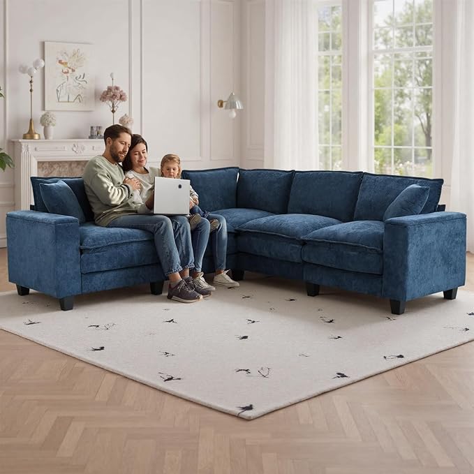97 L Shaped Couch Corner Sofa 5 Seater Oversized Cloud Couch with 2 Pillows Chenille Modular Sectional Sofa Armrests with Two Hidden Storage Space Sectional Couches for Living Room Dark Blue