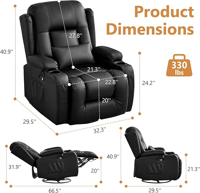 URRED Rocker Recliner Chair for Adults 270° Swivel Glider Reclining Single Sofa with LED Ambient Light Cup Holders and Side Pockets Faux Leather Recliner for Living Room or Home Theater Black