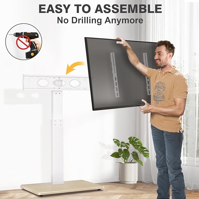 TV Floor Stand for 32-75 Inch Plasma LCD LED OLED Flat Panel or Curved Screen TVs Swivel TV Stand Mount with Height Adjustment and Sturdy Wood Base White