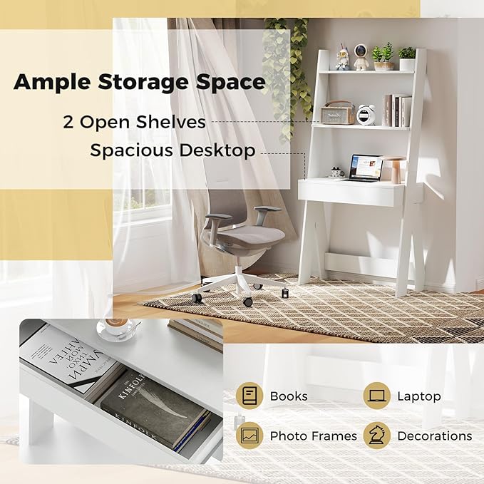 Tangkula Ladder Desk with Countertop &amp Drawer Home Office Computer Laptop Table with Open Shelves &amp Anti-Tip Kits Wall-Leaning Compact Working Station for Small Spaces (White)