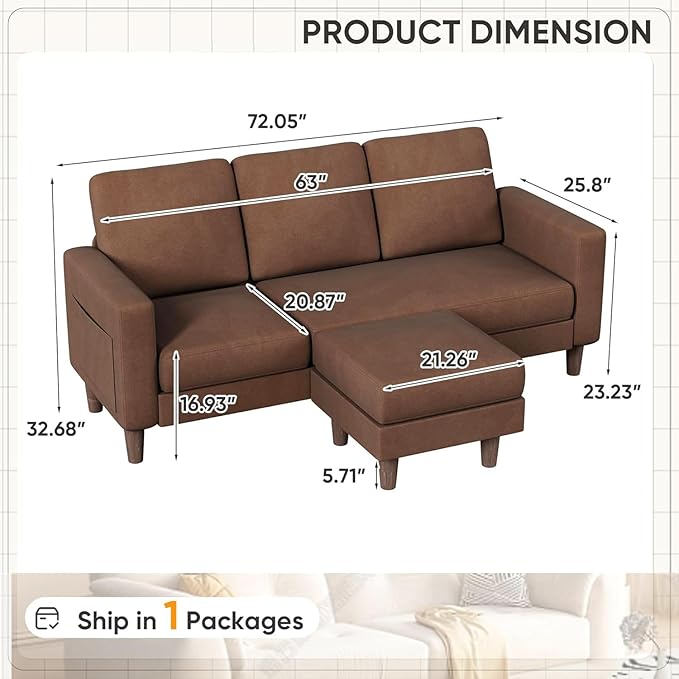 Homall Convertible Sectional Sofa 3 Seat L Shaped Couch with Side Storage Pocket Sofas with Movable Ottoman Small Linen Couches for Living Room &amp Apartment (Linen Fabric Brown)