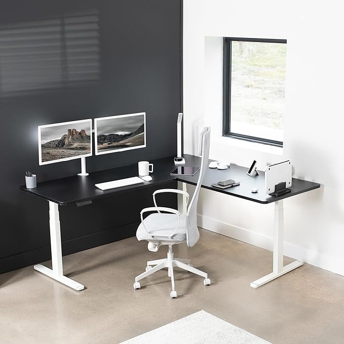 VIVO Electric Height Adjustable 77 x 71 inch Corner Stand Up Desk 2 Black 30 inch Deep Table Tops White Frame Memory Controller L-Shaped Workstation 3E Series DESK-KIT-3E7WB