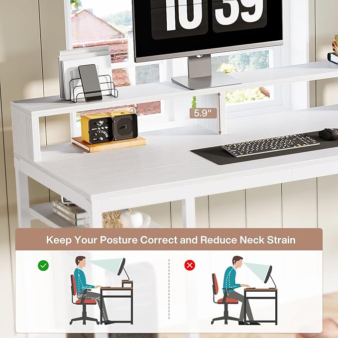 Tribesigns 78.74 Inches Extra Long Two-Person Desk Double Computer Desk with Monitor Stand and Storage Shelves Study Work Table for Home Office (White)