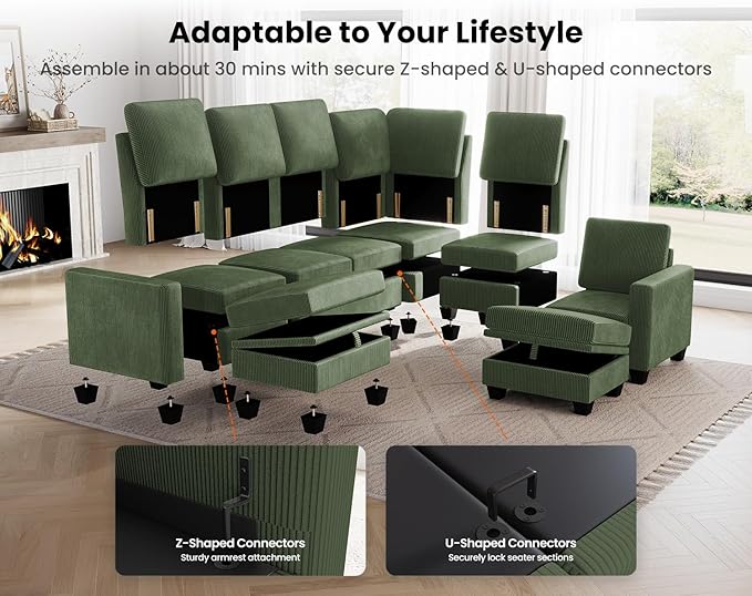 CHIC HOUSE Modular Sectional Couch - Corduroy Shaped Sleeper Sofa Bed with Storage Ottoman Armrest Neck Support Convertible Furniture for Living Room Lounge (Green 5 Seater L-Shaped)