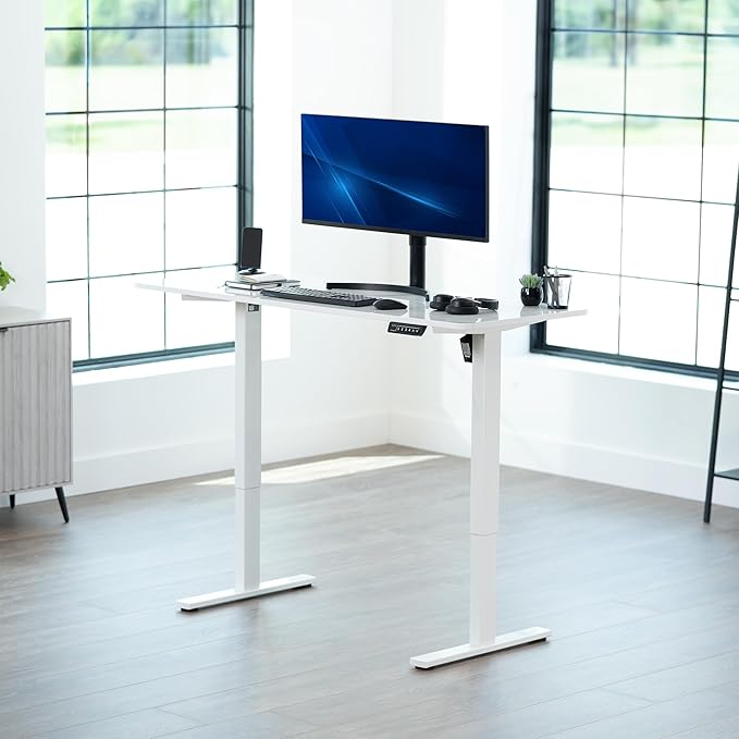VIVO Electric Dry Erase 60 x 24 in Standing Desk Memory Height Adjustment 1B Series Holds 220 lbs White Marble Pattern Top White Frame DESK-KIT-1W6WM