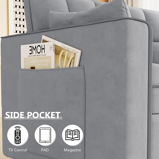 Hommoo 53 Sleeper Sofa Bed Pull Out Couch Convertible 3 in 1 Futon Lounge Sofa Small Love Seat for Living Room Apartment Comfy Velvet Reclining Back with Pillows and Pockets Light Grey