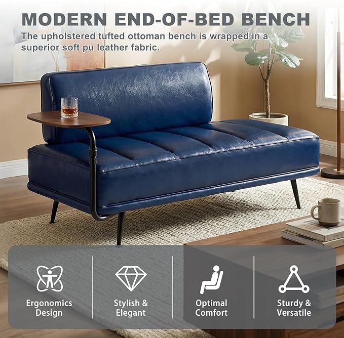 55 Faux Leather Upholstered Sofa Entryway Ottoman Modern End of Bed Bench with Side Table 360-degree Swivel Tray Couch Window Bench with Metal Legs for Bedroom Living Room (Blue)