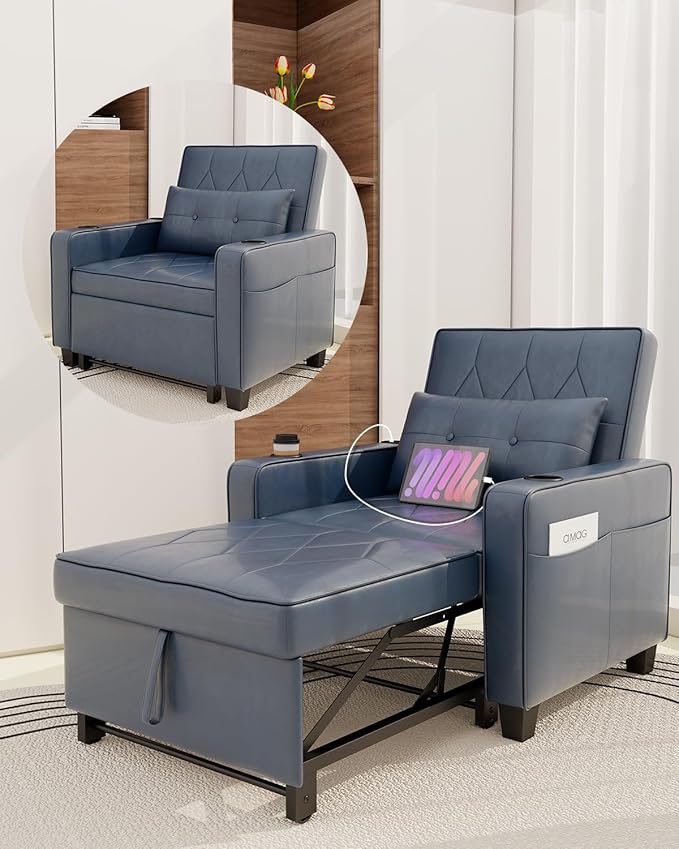 AILEEKISS 3 in 1 Convertible Sleeper Chair Bed Pull Out Leather Sofa Chair Bed with Cup HoldersUSB &amp Type C PortsSide Pockets Sleeper Single Sofa Couch for LivingroomApartmentOffice(Blue)