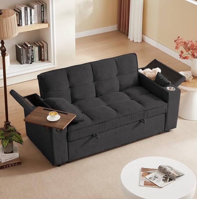 Large Size Convertible Sleeper Sofa BedPolka dot Velvet Pull Out Futon Couch with Storage handrails &amp Rotating Side TablesConvertible Sofa Couch for Living RoomRV