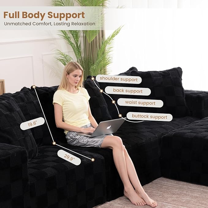 Modular Sectional Sofa 108 L-Shaped Boneless Couch with Deep Seat Corduroy Cloud Couch for Living Room Bedroom No Assembly Required Ship in a Box Checkered Black