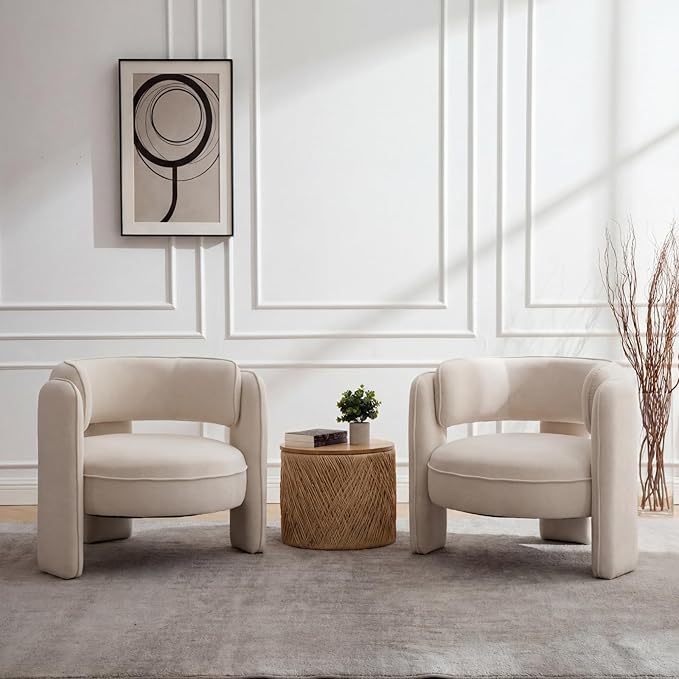 Modern Accent Chair Set of 2 Velvet Upholstered Lounger Chair with Barrel Back Solid Wood Legs Mid Century Comfy Accent Armchair Cozy Side Chair for Living Room Bedroom Beige