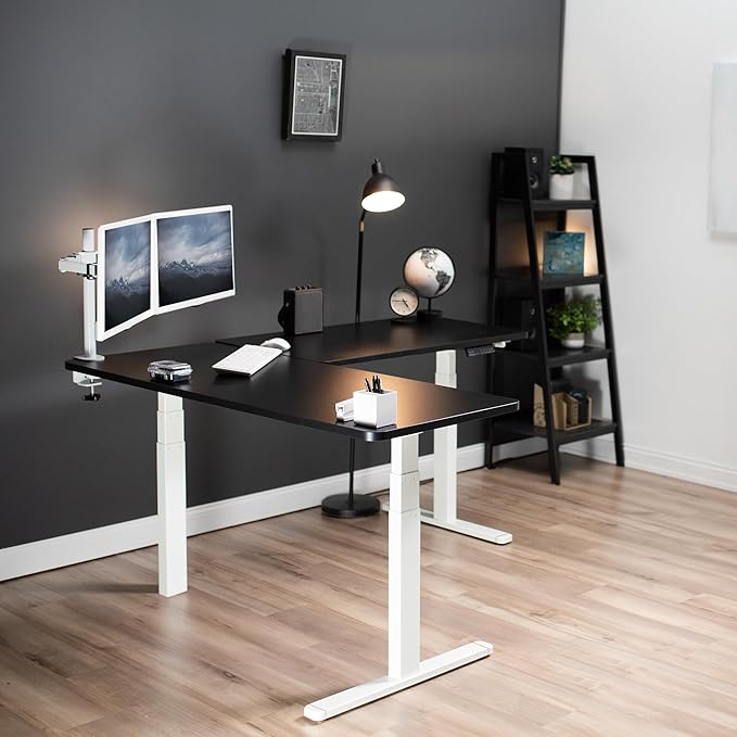 VIVO Electric Height Adjustable 67 x 60 inch Corner Stand Up Desk 2 Black Solid Table Tops White Frame Memory Controller L-Shaped Workstation 3E Series DESK-KIT-3E6WB