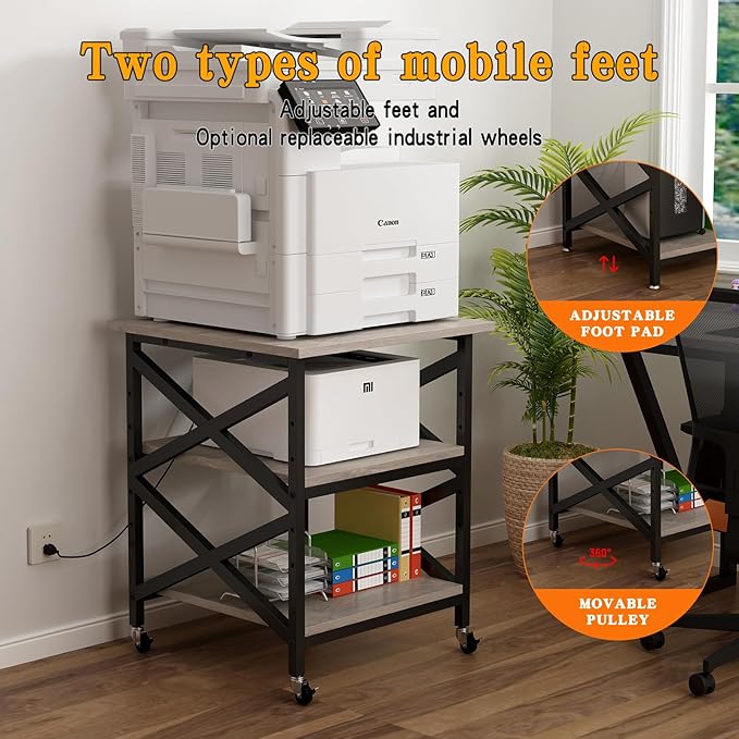 Large Printer Stand with Power Outlet with Height Adjustable Storage Shelf 3 Tier Rolling Printer Cart with Industrial Wheels 23.6 x 23.6 Inches Printer Table for Home Office Greige