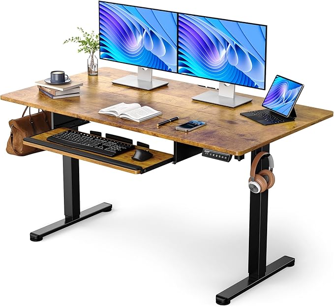 ErGear Electric Standing Desk with Keyboard Tray 55x28 Inches Adjustable Height Sit Stand Up Desk Home Office Desk Computer WorkstationVintage Brown
