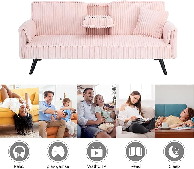 Anwick Futon Sofa Bed Modern Folding Couch for Small Space Corduroy Convertible Loveseat Sleeper Bed Daybed Recliner Lounge Sofas for Living Room2 Cup HoldersMetal LegsRemovable Armrests (Pink I)