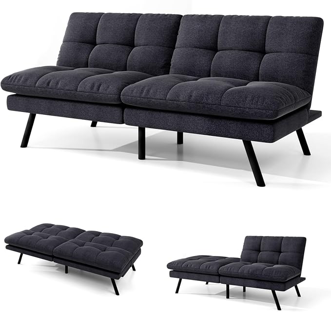 MUUEGM 68” Convertible Futon Sofa Bed Upholstered Small Futon Couches with Adjustable Backrest Loveseat Sleeper Bed for Compact Living Room Studio Office (Black)