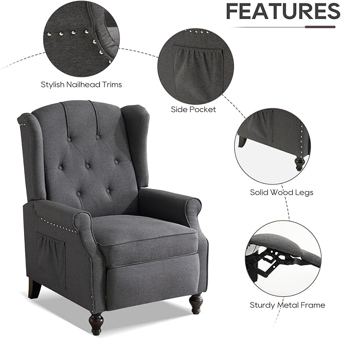 Wingback Recliner Chair with Massage and Heat Upholstered Fabric Living Room Chair Armchair with Nailhead TrimPush Back Recliner Chair with Remote ControlPadded Cushion (2 * Grey)