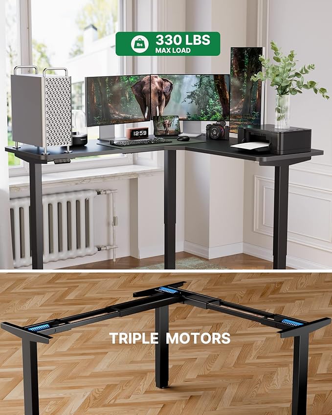Marsail Corner Stand Up Desk Adjustable Height with 4-in 1 Electical Outlet L Shaped Electric Standing Desk with Headphone Hook Stand up Desk for Home Office Sturdy Writing Workstation Black