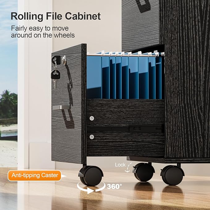 VINGLI 3-Drawer File Cabinet with Lock Wood Rolling Filing Cabinets for Home Office Mobile Printer Stand Under Desk File Organizer for Letter Sized Files 26 H(Caster Included) Black