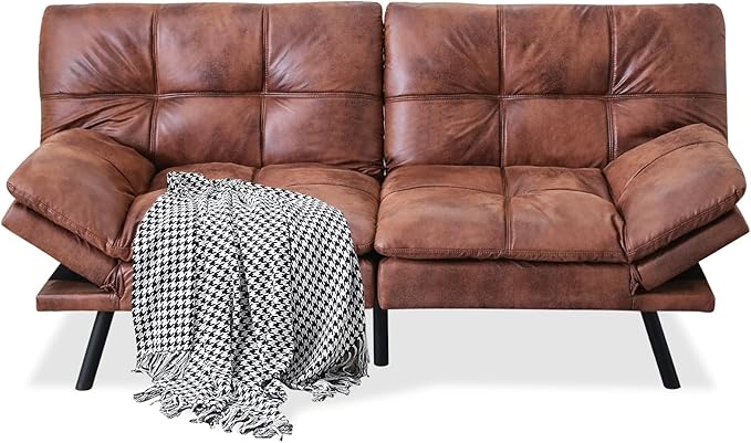 MUUEGM Futon Sofa Bed 71 Convertible Adjustable Backrest Armrests Memory Foam Couch Bed Modern Faux Leather Futon Sleeper Couch Loveseat for Living RoomOfficeApartmentSmall SpaceDark Brown