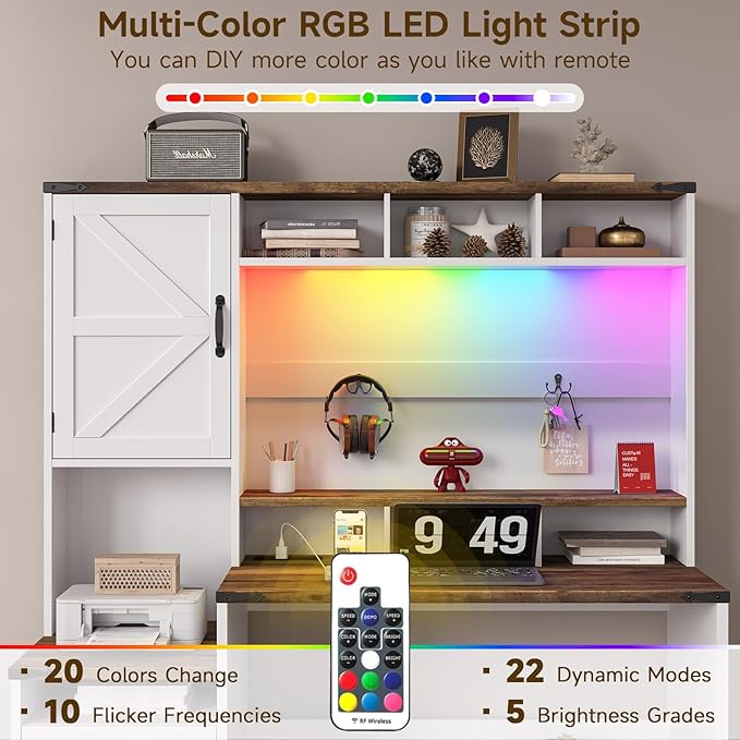 Vabches 51 Executive Desk Farmhouse Home Office Desk with Charging Station LED Light File Drawer Storage Cabinet Monitor Stand Wood Computer Desk with Hutch for Work Study Writing (White)