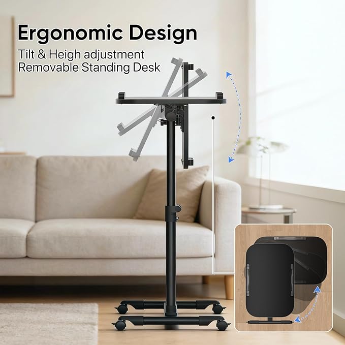 MoNiBloom Rolling Mobile Standing Desk 360° Rotatable Panel Adjustable Height 59''-89'' Portable Overbed Laptop Sofa Table Cart with Wheels for Offices Home Medical Black
