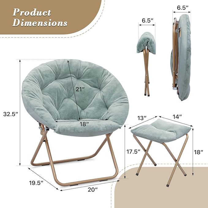 Athena Collection Round Saucer Chair with Ottoman Set for Adults Oversize Comfy Cozy Faux Fur Folding Reading Chair with Metal Leg Lazy Relaxing for Living Room Bedroom Dorm Apartment Teal