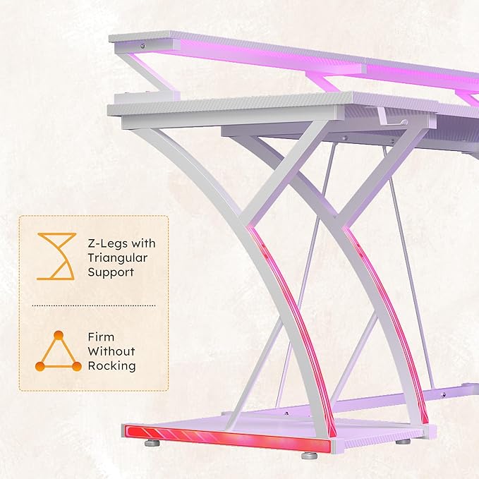 48 inch Gaming Desk with LED Lights &amp Power Outlet Computer Desk with Monitor Shelf &amp Mouse Pad &amp Cup Holder Ergonomic Carbon Fiber Gaming Table PC Work Home Office Desks PC TableWhite