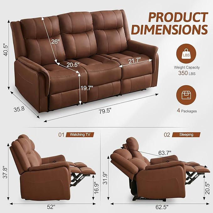 Loveseat Recliner Sofa Flip Middle Backrest Design 3 Seat Reclining Sofa with Storage Drawer Performance Fabric Reclining Couch with Storage USB Port Manual Couch for Living Room RVs