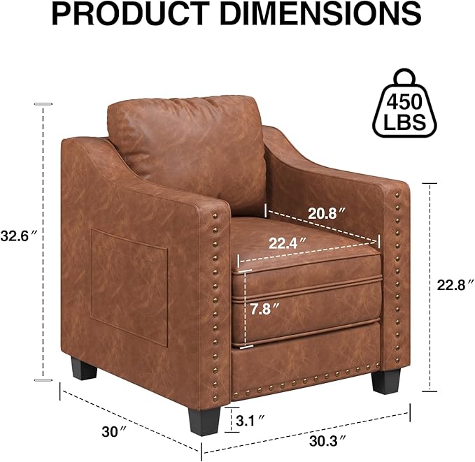 Mid Century Modern Accent Chair 30 Inches PU Leather Armchairs Barrel Chair Living Room Chairs Club Chair with Cushion Reading Chair for Bedroom Apartment Reading Room Brown
