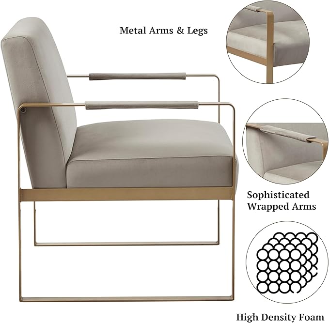 Martha Stewart Upholsterd Accent Chair Living Room Furniture-Modern Design Comfortable Foam Seat Cushion Bedroom Lounge Sophisticated Finished Sturdy Frame 28.5 W x 29 D x 32.5 H Taupe/Gold