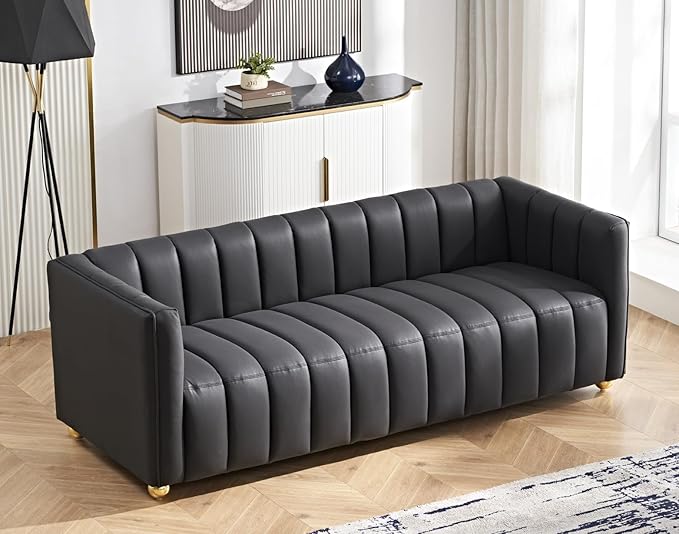 Direct Glam Fabric Upholstered Solid Wood Frame 82.7 Art Deco Sofa for Living Room Office Sophisticated 3 Seater Couch Black
