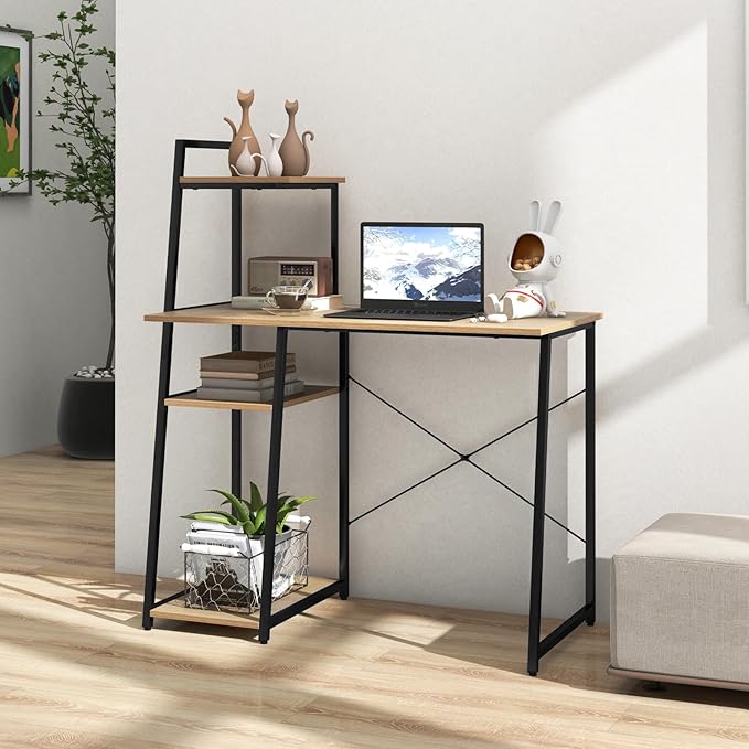 POWERSTONE 40 Computer Desk with 4-Tier Storage Shelves Home Office Corner Desk Writing Study Workstation Table for Small Space Natural
