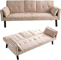 70 Futon Sofa with CupholdersAdjustable Backrest Cotton Linen with Cup Holders and 2 Throw Pillows Sleeper Sofa for Living Room Apartment Small Space (Beige)
