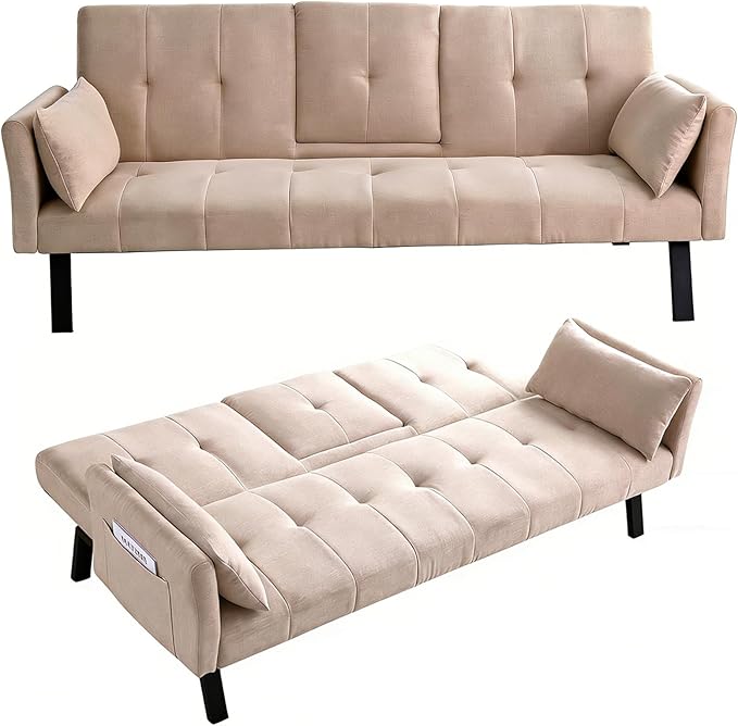 70 Futon Sofa with CupholdersAdjustable Backrest Cotton Linen with Cup Holders and 2 Throw Pillows Sleeper Sofa for Living Room Apartment Small Space (Beige)
