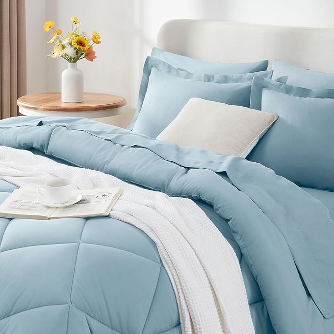 CozyLux Queen Comforter Set Light Blue - Bed in a Bag Queen Size 7 Pieces Luxury Soft Bed Set for All Seasons Bedding Set with Down Alternative Comforter Sheets Pillowcases &amp Shams