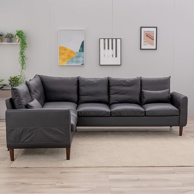 Panana 6 Seater Corneer Sofa 3 Seater &amp 2 Seater L Shaped Couchwith Curved Armrest Pockeys Solid Wood Legs Sectional Setee (Black Faux Leather 6 Seater L Shape Corner Sofa)