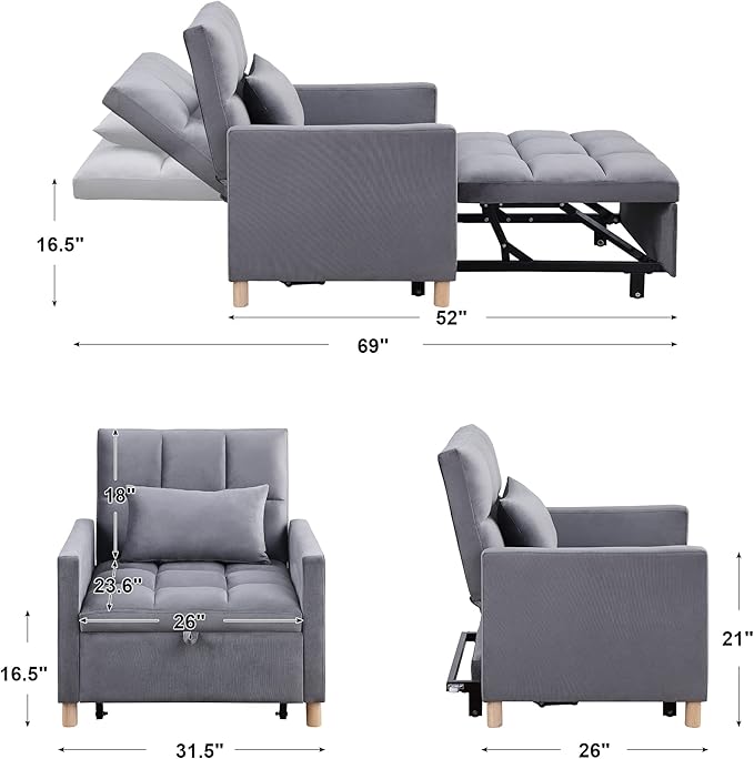 Sleeper Sofa Bed 3-in-1 Convertible Chair Bed Multi-Functional Sleeper Chair Soft Teddy Fabric for Living Room Apartment Office (Grey-Velvet)