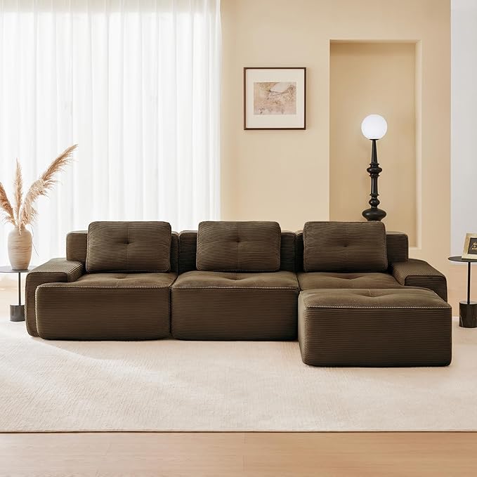 117 Modern Corduroy Cloud Sofa with Ottoman L Shaped Boneless Modular Large Sectional Couches for Living Room Brown 3 Seater Compressed Memory Foam Couch Extra Deep Seat No Assembly