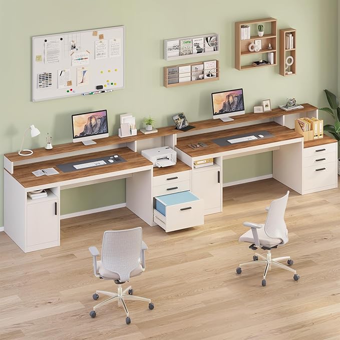 65 Inch Computer Desk with 3 Drawers &amp Storage Shelves Executive Desk with File Drawer &amp Cabinet Home Office Desk with Long Monitor Stand &amp Printer Shelf Antique White