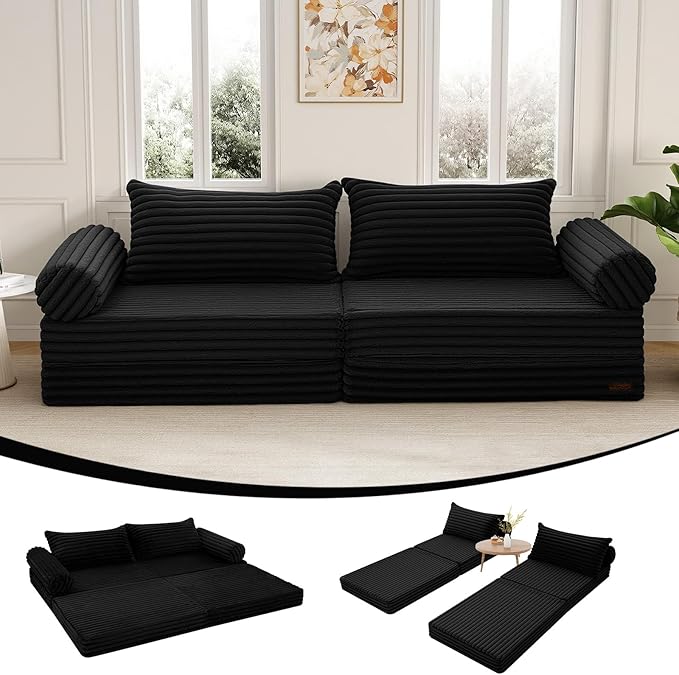 MeMoreCool Convertible Sofa Bed Folding Floor Couch Bed Queen Pull Out Sleeper Couch with Pillows Fold Out Futon Sofa for Bedroom Living Room Small Space Corduroy Black