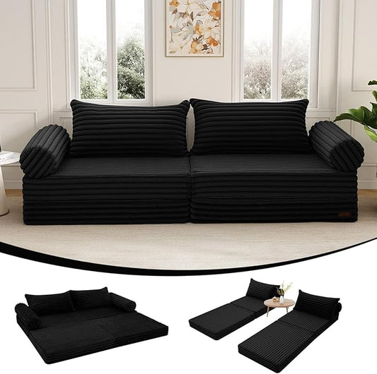 MeMoreCool Convertible Sofa Bed Folding Floor Couch Bed Queen Pull Out Sleeper Couch with Pillows Fold Out Futon Sofa for Bedroom Living Room Small Space Corduroy Black