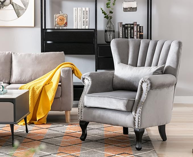 Kmax Grey Accent Chair Velvet Wingback Chair with Pillow Nail-Head Channel Tufted Oversized Club Chair for Living Room Bedroom Guest Room